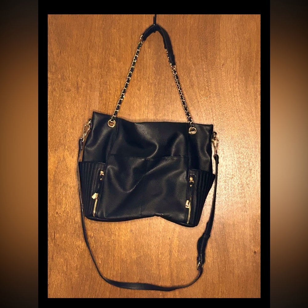 Steve Madden Large Black Faux Zip Sides Tote Bag Purse Chain Handles Cross Body